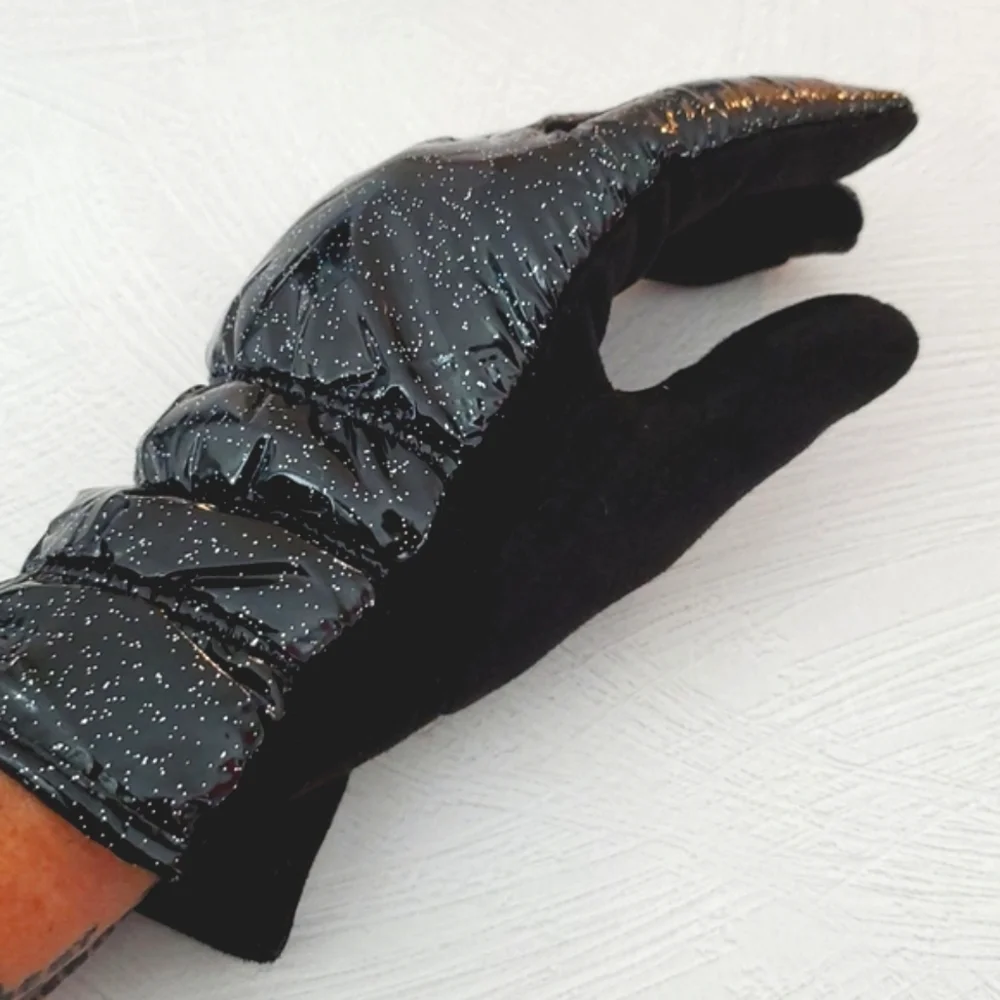 Black puffer finger gloves multicolor sparkles suede feel Cozy Gift giving
